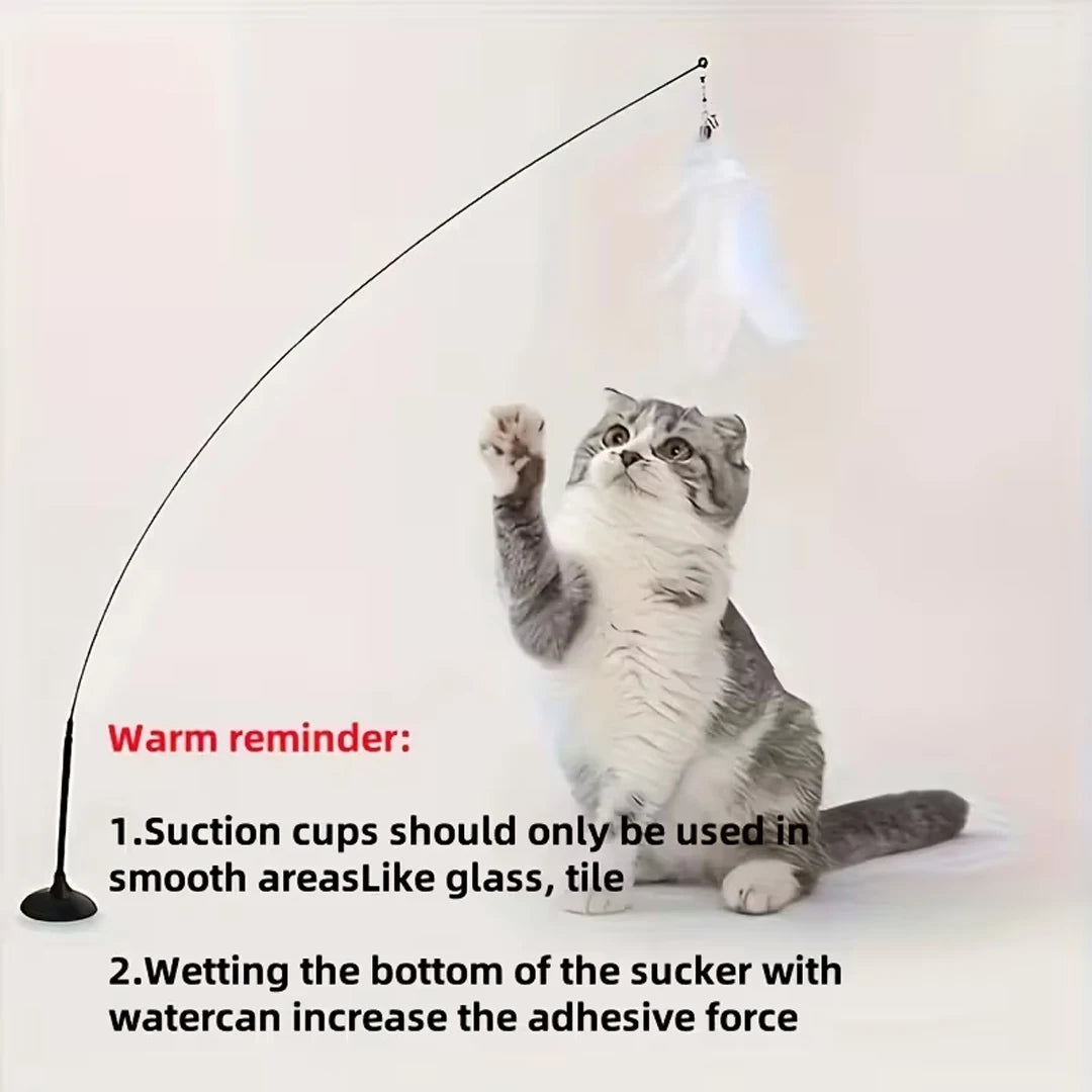 Cat Feather Bell Toy with Suction Cup Base 1 Teaser Wand 3 Replacement Feather Heads Interactive Cat Toy for All Cats