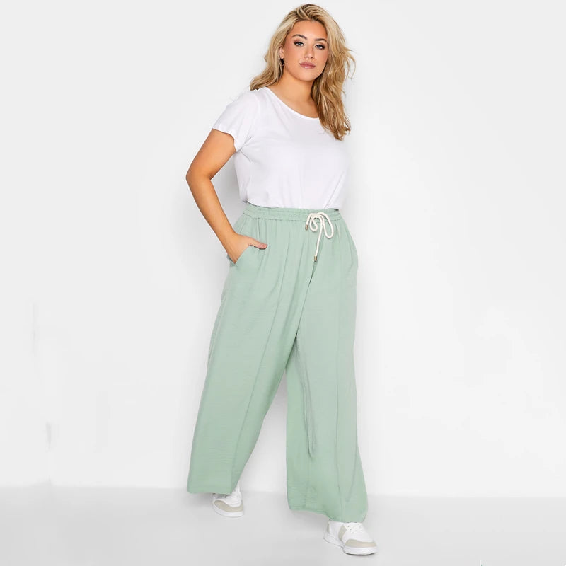 Plus Size Elastic Drawstring Waist Summer Loose Elegant Wide Leg Pants Pocket Side Lightweight Casual Straight Trousers 4XL 5XL