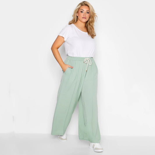 Plus Size Elastic Drawstring Waist Summer Loose Elegant Wide Leg Pants Pocket Side Lightweight Casual Straight Trousers 4XL 5XL