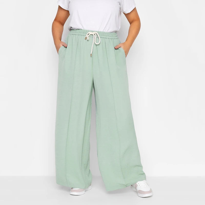 Plus Size Elastic Drawstring Waist Summer Loose Elegant Wide Leg Pants Pocket Side Lightweight Casual Straight Trousers 4XL 5XL