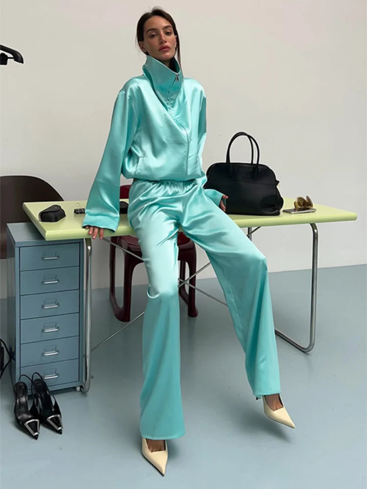 Solid Satin Long Sleeve Casual 2 Piece Set Women Stand Collar Zip Crop Coat Elastic Waist Pants Autumn New Street Matching Suit