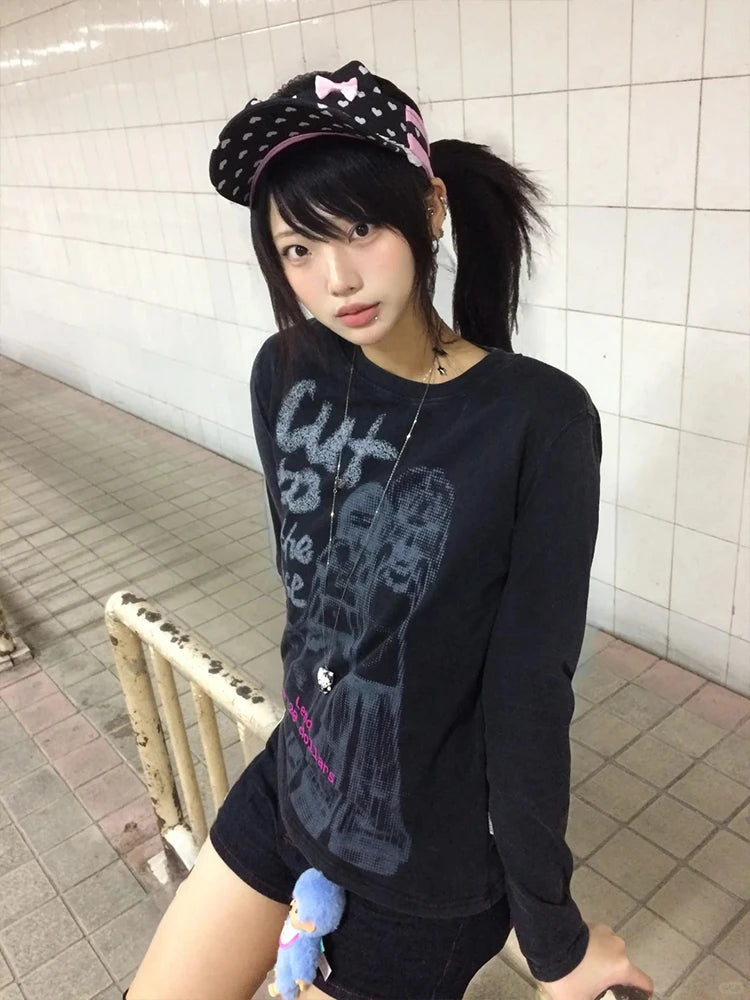 Tonngirls Harajuku Print Graphic Tops Long Sleeve Cartoon Y2k Aesthetic Tee Tops Black Vintage Tops Japanese 2000s Streetwear