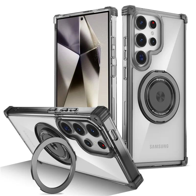 Rotating Magnetic Bracket Case For Samsung Galaxy S26 Ultra S26 Plus S26 Ring Stand Holder Transparent For Magsafe Cover