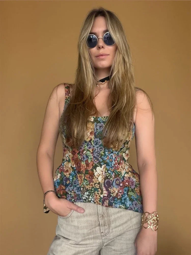 Women's Floral Sleeveless Mini Dress Vintage V-neck Straighten The Hem Slim Short Dresses 2026 Lady Summer Daily Commute Wear