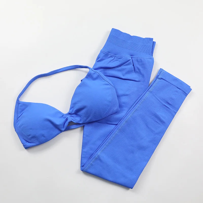 Yoga Strappy Bra Leggings Gym Set Women's Seamless High Elastic Gym Bra Vest Buttock Lift Shorts Set Daily Exercise Sports Set