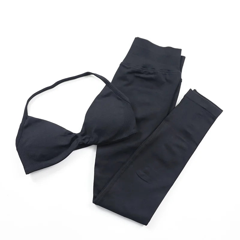 Yoga Strappy Bra Leggings Gym Set Women's Seamless High Elastic Gym Bra Vest Buttock Lift Shorts Set Daily Exercise Sports Set