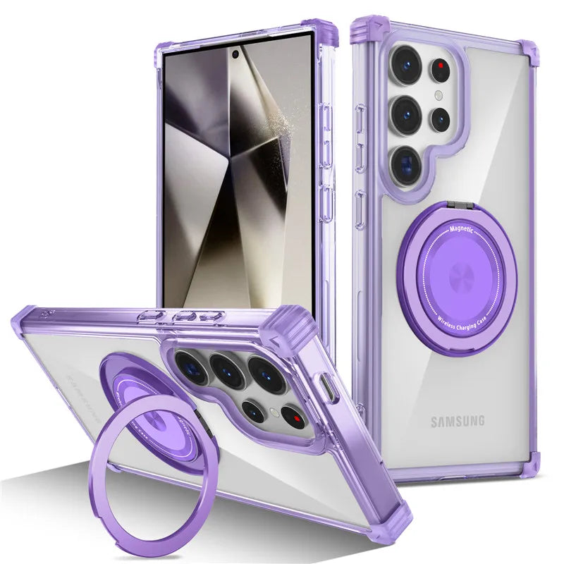 Rotating Magnetic Bracket Case For Samsung Galaxy S26 Ultra S26 Plus S26 Ring Stand Holder Transparent For Magsafe Cover