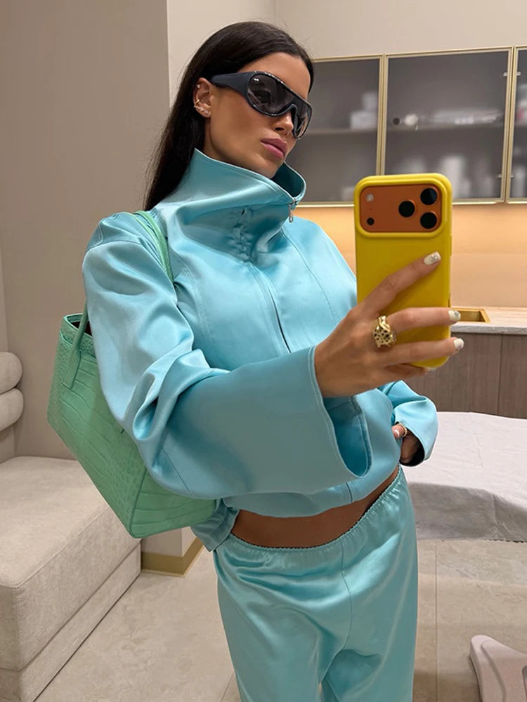 Solid Satin Long Sleeve Casual 2 Piece Set Women Stand Collar Zip Crop Coat Elastic Waist Pants Autumn New Street Matching Suit