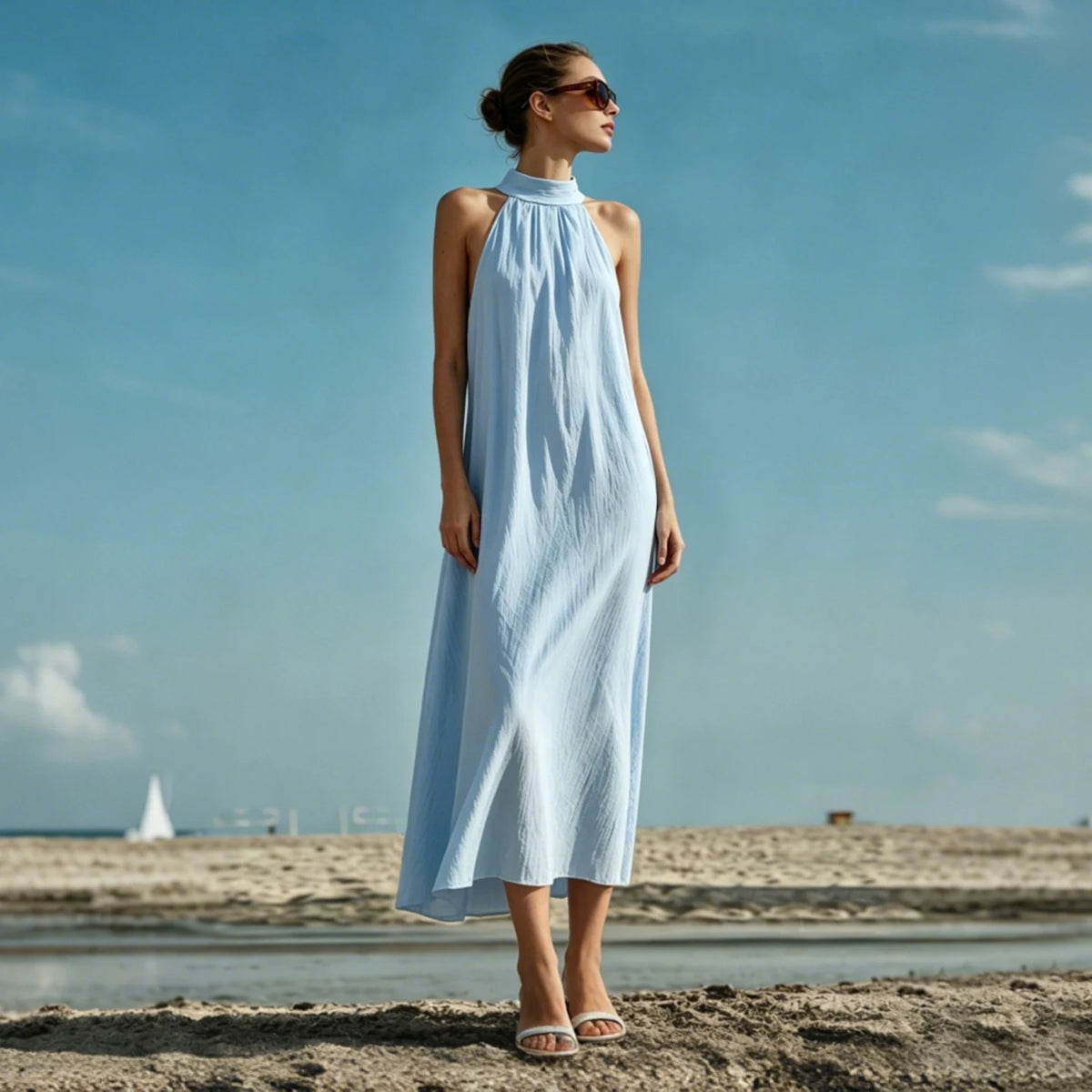Amii Sleeveless Women's Dress 2026 Summer New Back Button Lapel Collar Loose Fit Casual A-Line Long Dress For Women 12642137