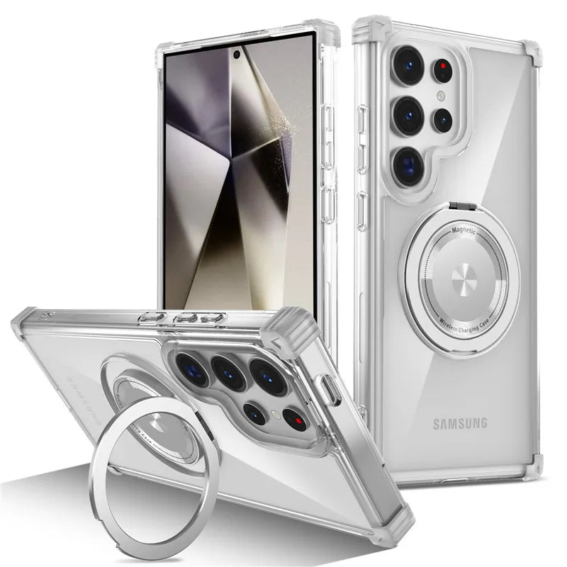 Rotating Magnetic Bracket Case For Samsung Galaxy S26 Ultra S26 Plus S26 Ring Stand Holder Transparent For Magsafe Cover
