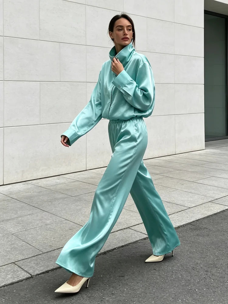 Solid Satin Long Sleeve Casual 2 Piece Set Women Stand Collar Zip Crop Coat Elastic Waist Pants Autumn New Street Matching Suit