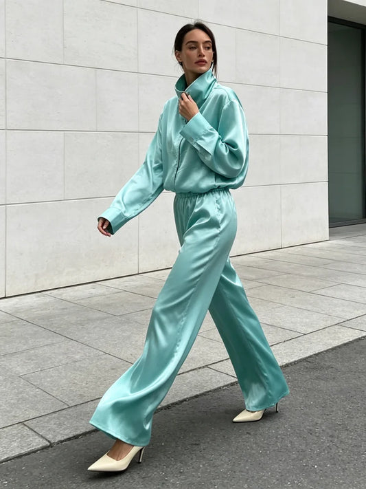 Solid Satin Long Sleeve Casual 2 Piece Set Women Stand Collar Zip Crop Coat Elastic Waist Pants Autumn New Street Matching Suit