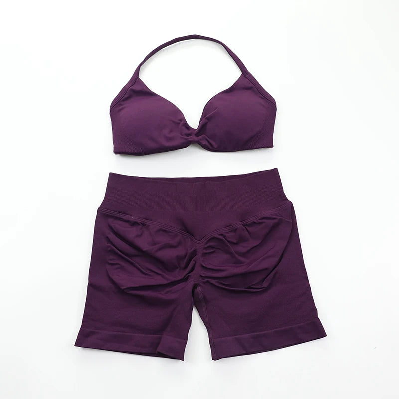 Yoga Strappy Bra Leggings Gym Set Women's Seamless High Elastic Gym Bra Vest Buttock Lift Shorts Set Daily Exercise Sports Set