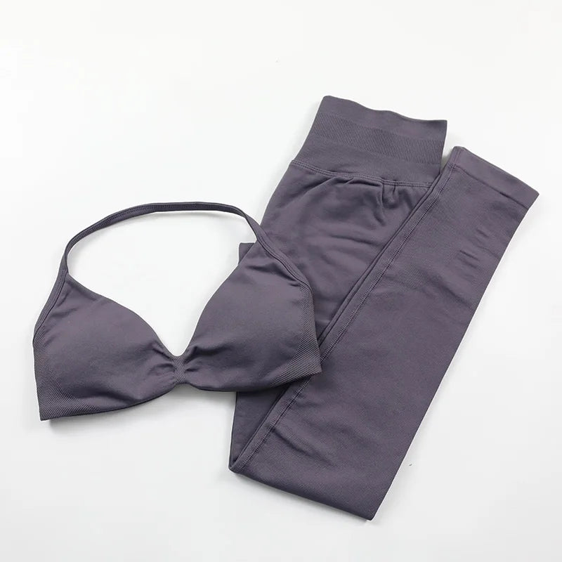 Yoga Strappy Bra Leggings Gym Set Women's Seamless High Elastic Gym Bra Vest Buttock Lift Shorts Set Daily Exercise Sports Set