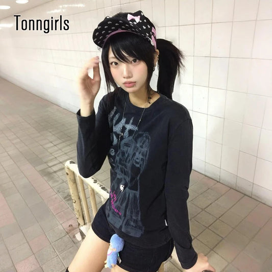 Tonngirls Harajuku Print Graphic Tops Long Sleeve Cartoon Y2k Aesthetic Tee Tops Black Vintage Tops Japanese 2000s Streetwear