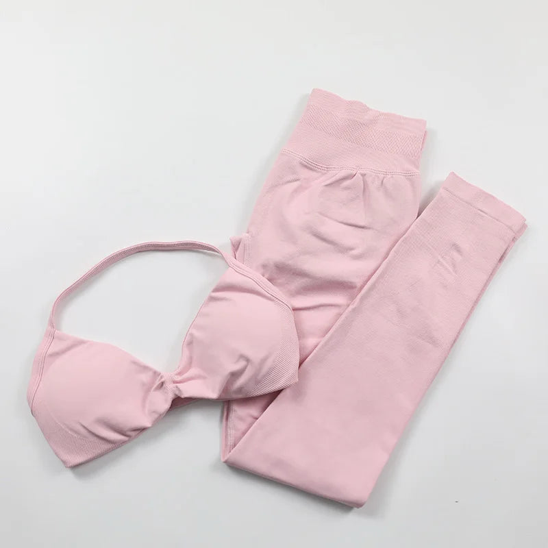 Yoga Strappy Bra Leggings Gym Set Women's Seamless High Elastic Gym Bra Vest Buttock Lift Shorts Set Daily Exercise Sports Set