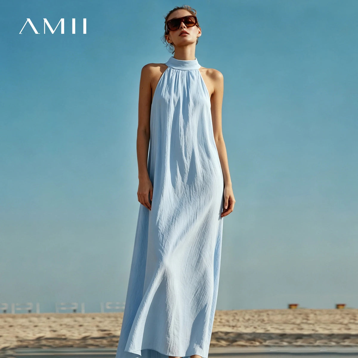 Amii Sleeveless Women's Dress 2026 Summer New Back Button Lapel Collar Loose Fit Casual A-Line Long Dress For Women 12642137