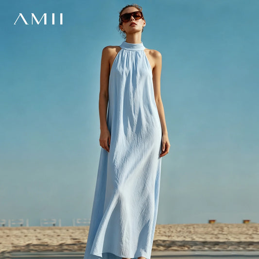 Amii Sleeveless Women's Dress 2026 Summer New Back Button Lapel Collar Loose Fit Casual A-Line Long Dress For Women 12642137