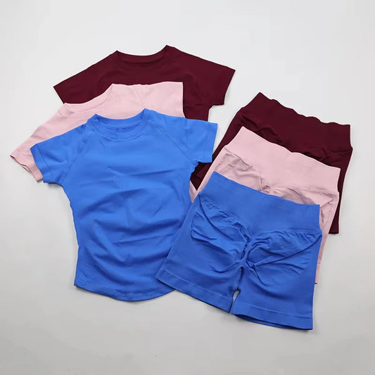 2 Pieces  Sports Set Women Short Sleeve Top Seamless Scrunch Bum Joggers Suit Training Pants Suits Gym Fitness Sets