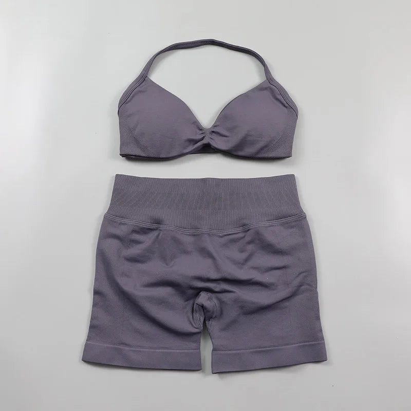 Yoga Strappy Bra Leggings Gym Set Women's Seamless High Elastic Gym Bra Vest Buttock Lift Shorts Set Daily Exercise Sports Set
