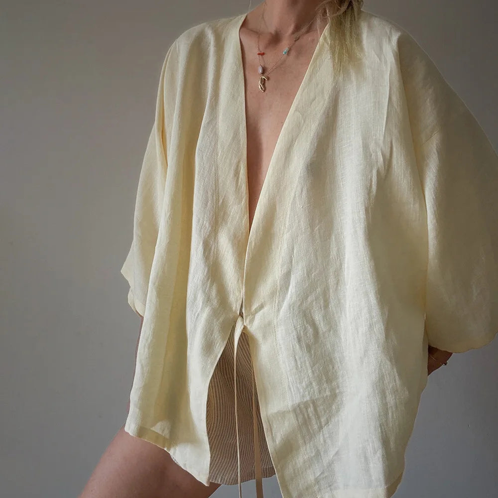 Bornladies 2026 Spring Summer New V-neck Strap Loose Lazy Style Breathable Kimono Style Cardigan Shirt