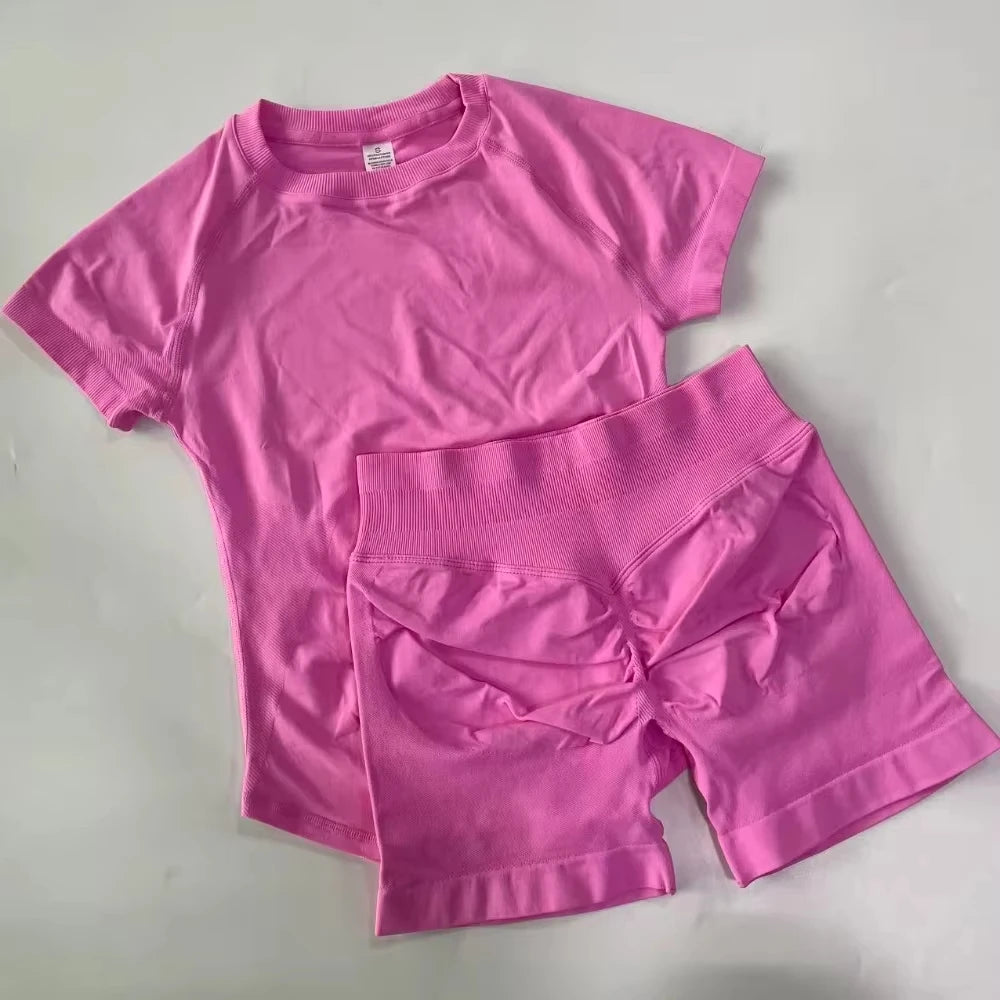 2 Pieces  Sports Set Women Short Sleeve Top Seamless Scrunch Bum Joggers Suit Training Pants Suits Gym Fitness Sets