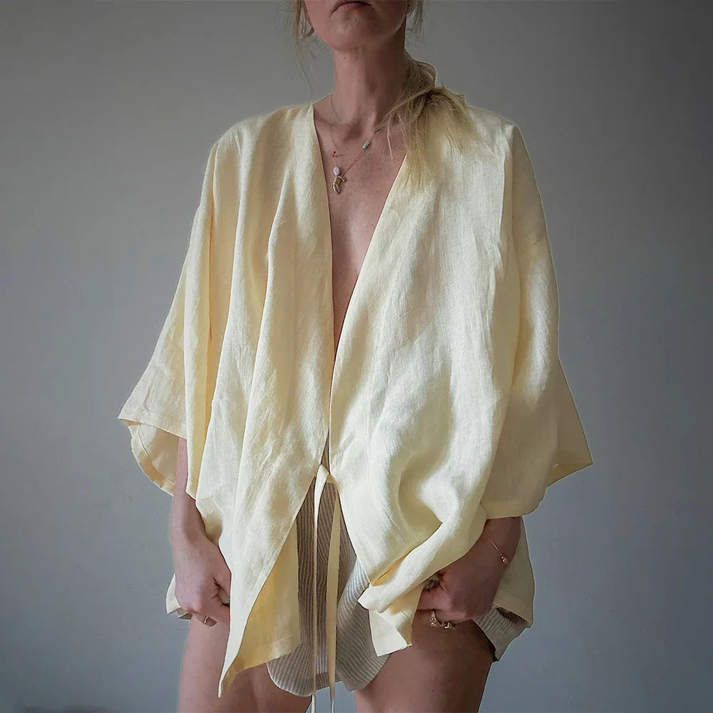 Bornladies 2026 Spring Summer New V-neck Strap Loose Lazy Style Breathable Kimono Style Cardigan Shirt