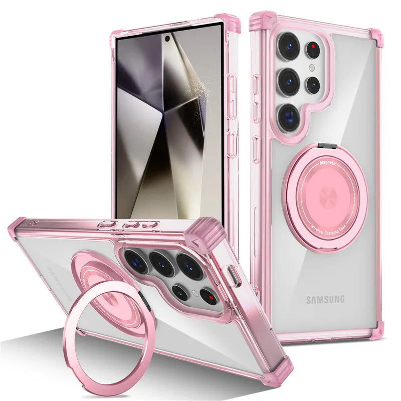 Rotating Magnetic Bracket Case For Samsung Galaxy S26 Ultra S26 Plus S26 Ring Stand Holder Transparent For Magsafe Cover