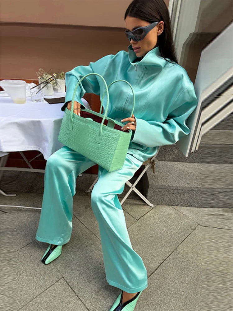 Solid Satin Long Sleeve Casual 2 Piece Set Women Stand Collar Zip Crop Coat Elastic Waist Pants Autumn New Street Matching Suit