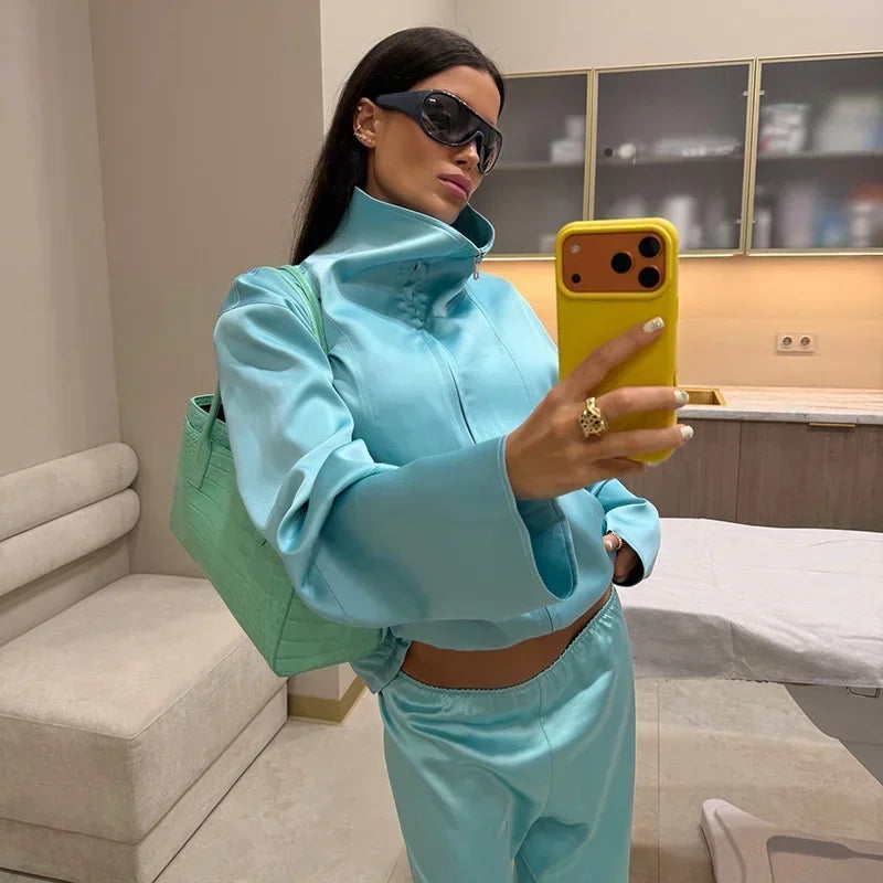 Solid Satin Long Sleeve Casual 2 Piece Set Women Stand Collar Zip Crop Coat Elastic Waist Pants Autumn New Street Matching Suit