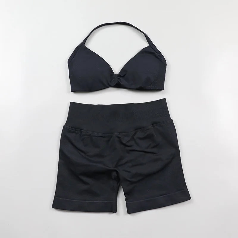 Yoga Strappy Bra Leggings Gym Set Women's Seamless High Elastic Gym Bra Vest Buttock Lift Shorts Set Daily Exercise Sports Set